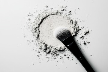 Poster - Makeup brush resting on loose powder with fine texture scattered around, showcasing beauty products setup for application