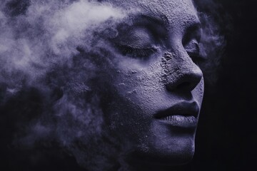 Aufkleber - Dramatic portrait of a woman shrouded in purple mist against a dark backdrop, evoking emotion and mystery
