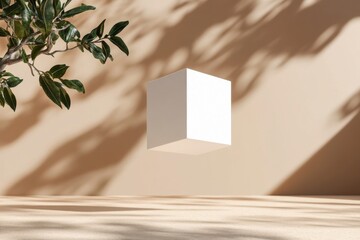 Fototapete - Floating white cube casting shadows in a minimalist setting with natural light and subtle earthy tones