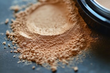 Poster - Loose powder makeup scattered on a dark surface with a compact case nearby, highlighting beauty products and cosmetics