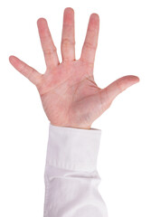 Wall Mural - businessman hand in white shirt show five fingers gesture isolated in transparent background in coun