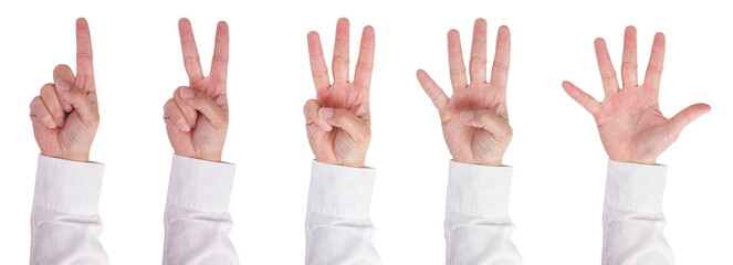 Wall Mural - set of businessman hand gesturing one to five finger in white shirt.