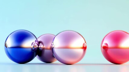 Metallic spheres moving and changing color on a plain light blue background