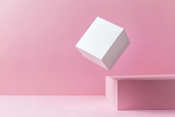 Poster - Floating white cube above pink surface creates a minimalist artistic composition in a studio setting