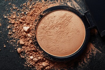 Poster - Close-up view of pressed bronzer powder and loose pigment on dark surface during makeup application process