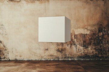 Aufkleber - Floating white cube in minimalist space with textured wall and floor tiles showcasing modern design