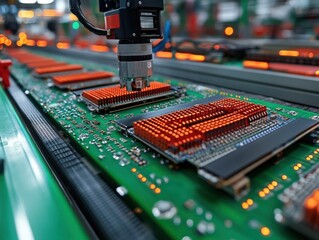 Fototapete - Close-up View of a Microscope Inspecting Electronic Components on a Circuit Board in an Industrial Setting