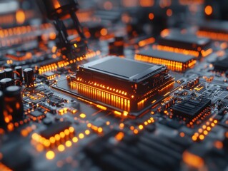 Fototapete - Close-up image of a microchip on a circuit board with various electronic components and circuits visible