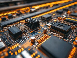 Aufkleber - A close-up view of a microchip and its underlying circuitry on a printed circuit board.