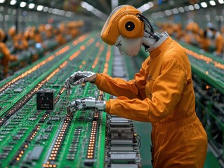 Fototapete - Factory Worker Assembling Electronic Components on Circuit Board