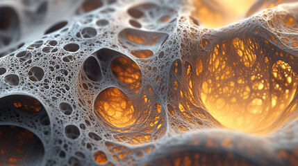 Isolated background. Network, waves, cells of connections. Neurons and data flow 3D illustration. Abstract matter, bone porous