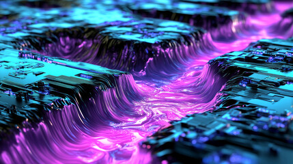 Motherboard 3D illustration. Computer circuit cyber concept. Information field and data streams in blockchain code