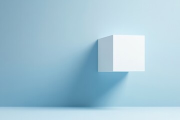 Fototapete - Floating white cube against a light blue backdrop creates a minimalist and modern aesthetic in an artful space
