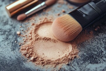 Poster - Makeup application process with foundation, brush, and tools on a textured surface in a bright environment