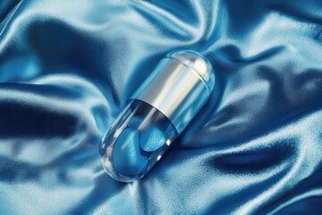 Poster - Transparent capsule resting on smooth blue satin fabric, showcasing sleek design and reflection effects