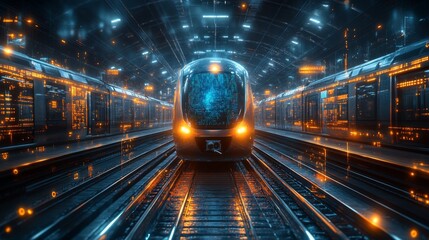 Leinwandbilder - An autonomous smart train moves towards a modern station illuminated by intricate lighting, showcasing advanced logistics and transportation technology, emphasizing automation and mobility.