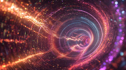 Neon rays virtual flight. 3D illustration of computer code flowing inside cable. High-speed data transmission tunnel. Internet Gateway Data Flow