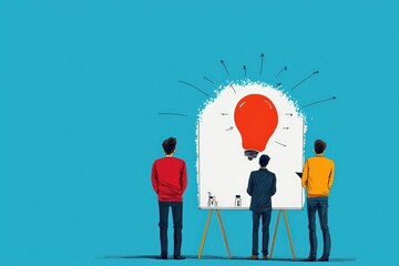 Creative minds gather to brainstorm innovative ideas with a vibrant light bulb concept on display against a bright blue backdrop Generative AI