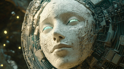 Human head artificial intelligence technology background with globe network wireframe planets and cpu. Artificial Intelligence face vector design. Ai futuristic innovation idea concept.
