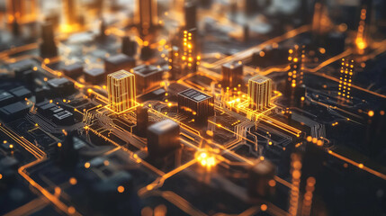 Wall Mural - digital city in hitech. circuit board and hardware 3d illustration. wireless internet technologies. 