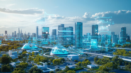 Wall Mural - digital city in hitech. circuit board and hardware 3d illustration. wireless internet technologies. 