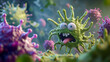 © Sehraye - Viruses and germs 3d illustration. Danger of an epidemic. Infection of body, gene mutations, allergic reaction to irritant