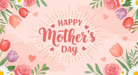  Happy Mother's Day Watercolor Background With Floral Border And Hearts