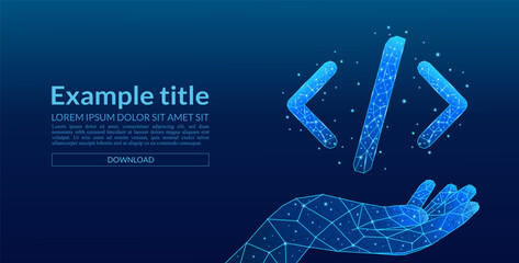 Hand holding a 3D digital programming code symbol in a light blue style on a technological background. Software and web development concept. JavaScript sign in a low-poly style