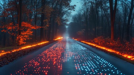 Leinwandbilder - An advanced smart road stretches through a tranquil wooded area, illuminated by vibrant blue and red lights that signify sensor activity, showcasing the future of automated mobility and connectivity.
