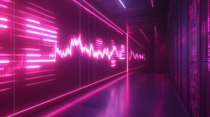 Wall Mural - data particles in the information flow of neon strings. 3d illustration of digital sound vibrations