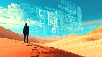 Digital nomad in desert observing a gigantic floating code structure matrix