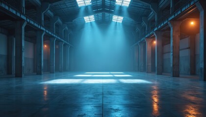 Poster - Industrial warehouse interior, featuring cool blue light, glossy concrete floor, dramatic shadows. Minimalist, high contrast architecture creates empty, futuristic, moody atmosphere. Modern tech