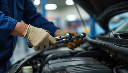 Poster - Auto mechanic repairs car engine with socket wrench. Technician wearing work gloves checks vehicle engine during maintenance. Repairman performs automotive service and vehicle inspection in garage.