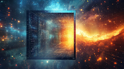 High technology in space. Portal 3D illustration. Space and time, global digital database in cyberspace of artificial intelligence