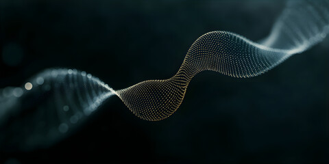 Poster - golden particle wave with luminous dots flowing on deep blue background. abstract digital technology