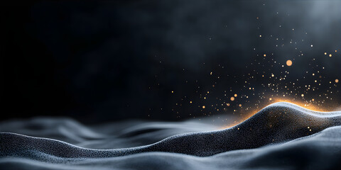 Poster - golden particle wave flowing on dark blue background. modern neon abstract backdrop. virtual cibersp