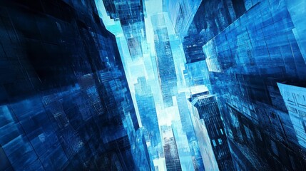 Fototapete - Abstract digital city skyline, futuristic skyscrapers, blue glowing buildings, technology concept.
