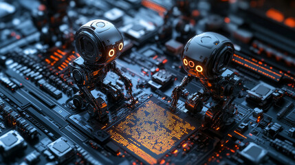 Nano Drones in cyberspace. Computer bots information security. Search and fix bugs in computer code. 3D illustration with a binary code element