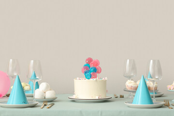 Wall Mural - cake with sweets and dishes for birthday party on table against white wall