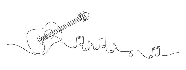 Fototapete - Guitar with notes in one continuous line drawing. String musical instrument for orchestra and concert banner in simple linear style. Editable stroke. Doodle contour vector illustration