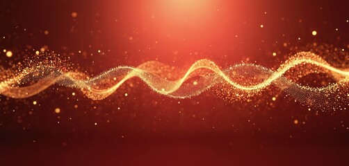 Poster - Abstract digital background with wavy dotted lines. Golden particles with red background, scientific tech design. Dynamic wave flow connects data for big data analysis. Futuristic illustration.