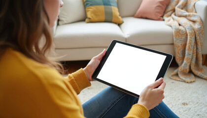 Poster - Woman holds black tablet with white blank screen. Modern tech device mockup. Living room interior with white sofa colorful blanket. Device for home office communication, design, advertising.