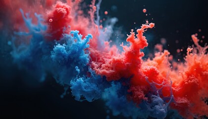 Poster - Abstract illustration features swirling blue red ink in water, contrasting with dark background. Mesmerizing art, flowing colors, dynamic shapes, evoking motion, energy, used for design, wallpaper,