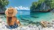 © mohadi - Woman in hat sits by a clear blue ocean legs dangling enjoying tropical scenery with rocky outcrops and lush greenery