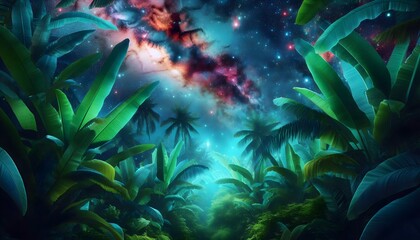 Wall Mural - A mesmerizing fusion of tropical jungle and outer space, with glowing stars and radiant nebulae.