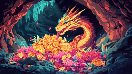 Wall Mural - A dragon hoarding a pile of blooming treasure in a dark cave theme, front view, symbolizing mystical wealth, futuristic tone, complementary color scheme. Dragons Glyphs. Illustration