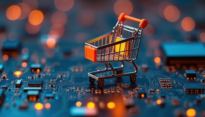 Aufkleber - Miniature shopping cart stands circuit board. E-commerce concept, digital transformation, online shopping, tech, futuristic. Cyberspace, virtual market, electronic business, retail store, data