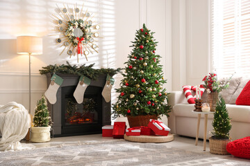 Poster - Cozy spacious room decorated for Christmas. Festive interior design