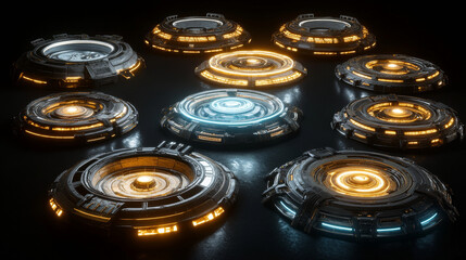 Wall Mural - Circle digital portals, neon light platforms with glow and sparkles isolated on black background. Futuristic teleport podiums, healing aura for game interface, vector realistic set