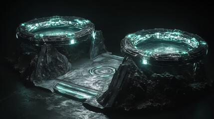 Wall Mural - Circle digital portals, neon light platforms with glow and sparkles isolated on black background. Futuristic teleport podiums, healing aura for game interface, vector realistic set